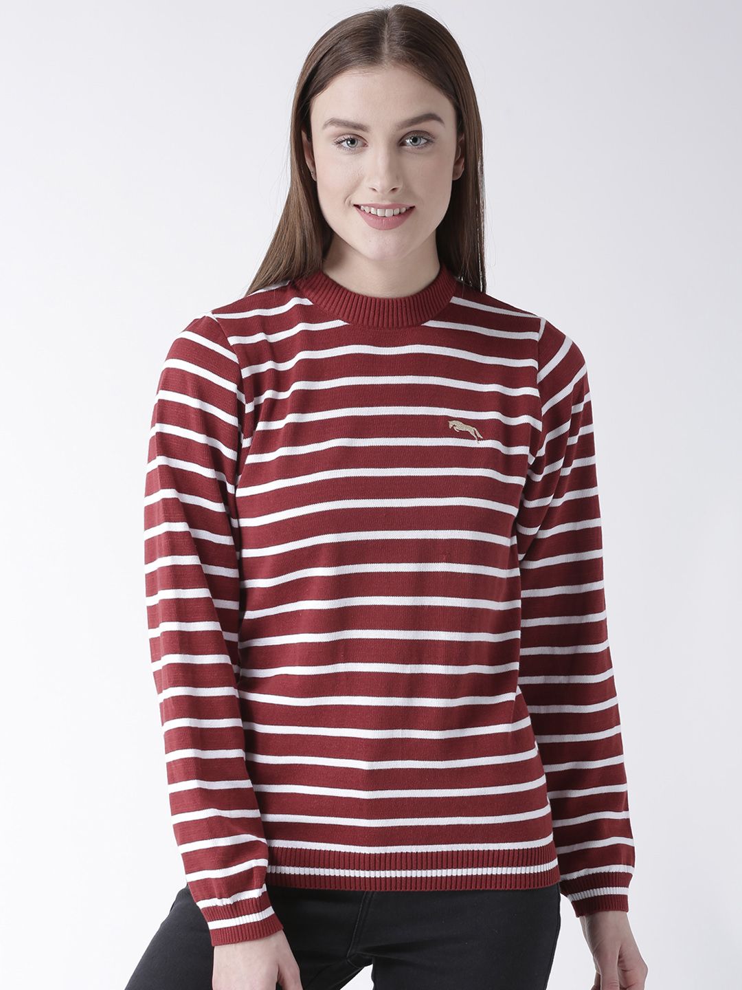 Buy JUMP USA Women Maroon & White Striped Pullover Sweater - Sweaters